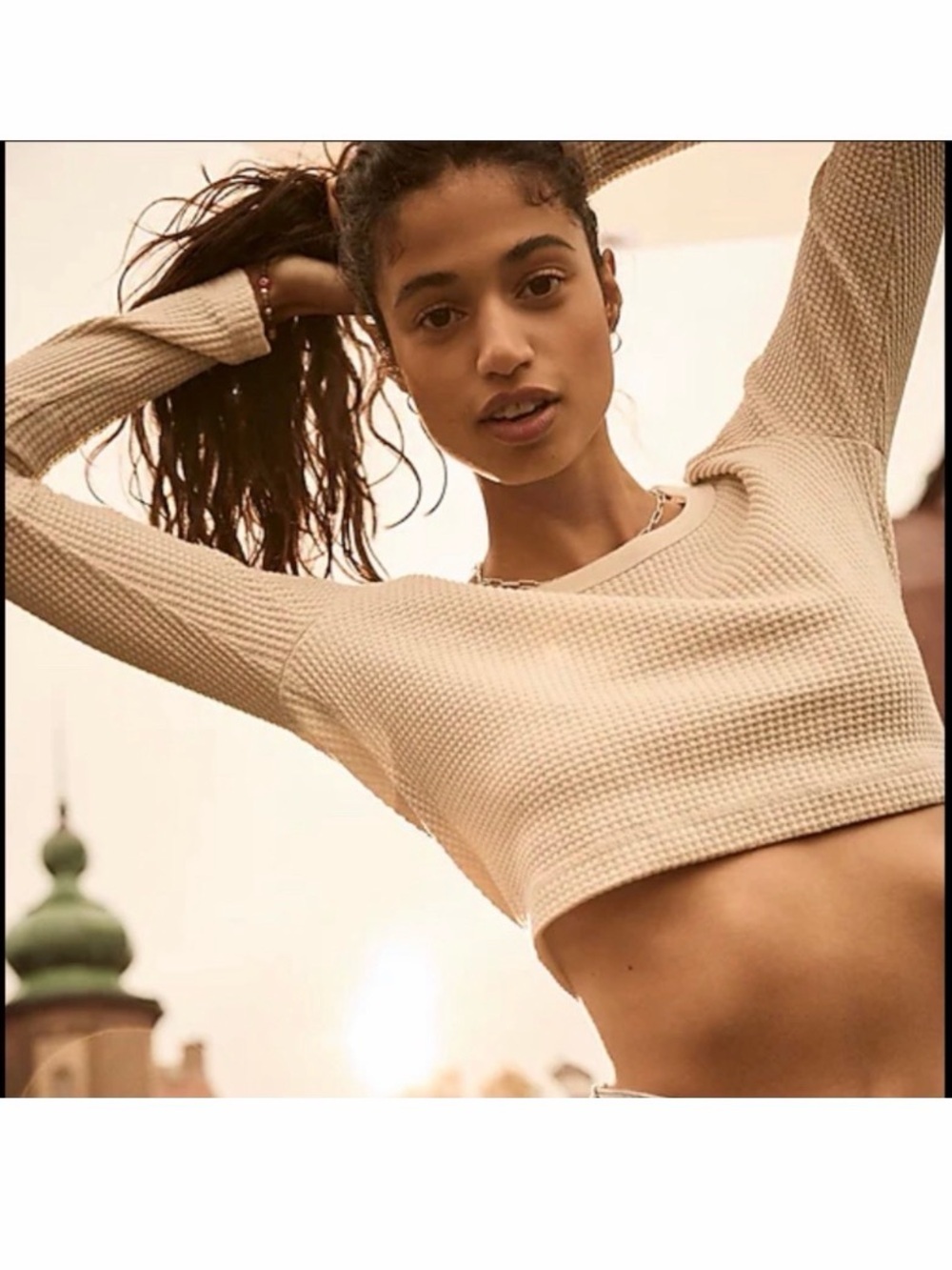 Madewell MWL Waffle Knit Thermal Long Sleeve Crop Top Cream Small